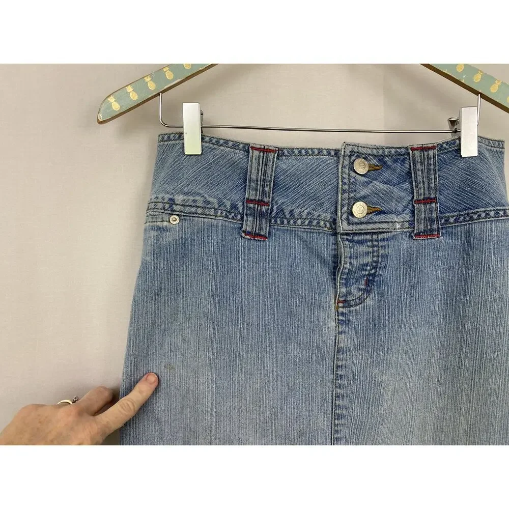 Vintage Edge Denim Skirt Juniors 7 Medium Button Fly Long Side Slit Y2K 31x33‎